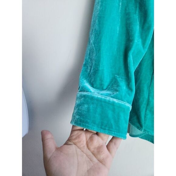Soft Surroundings Blue Green Teal Velvet Button Down Blouse size Large Petite - Picture 3 of 7